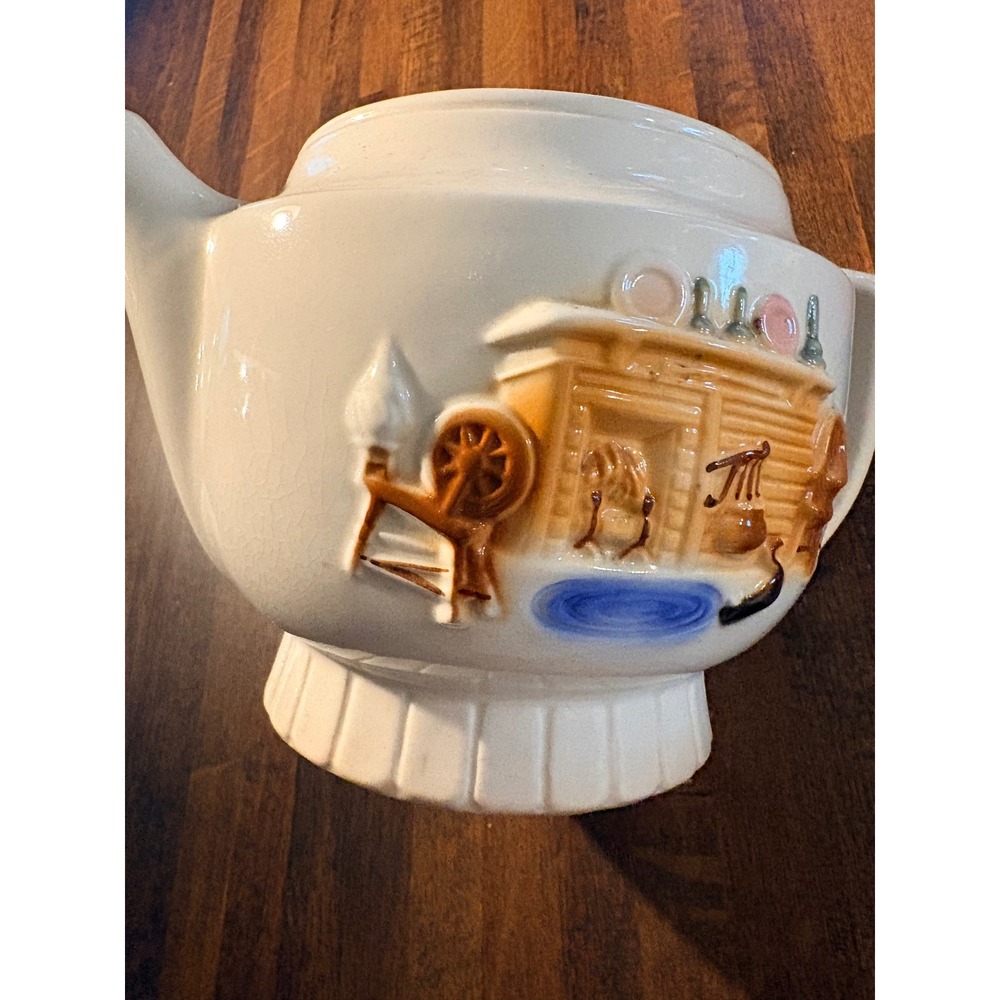 Vintage Porcelier Vitreous‎ China Teapot Raised Relief Hearth Scene Made in USA